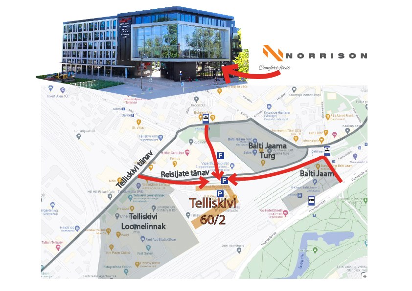 Skeem kauplus-salongi juurde: hoone foto ja kaart nooltega Balti jaamast ning Telliskivi tänavalt aadressile Telliskivi 60/2